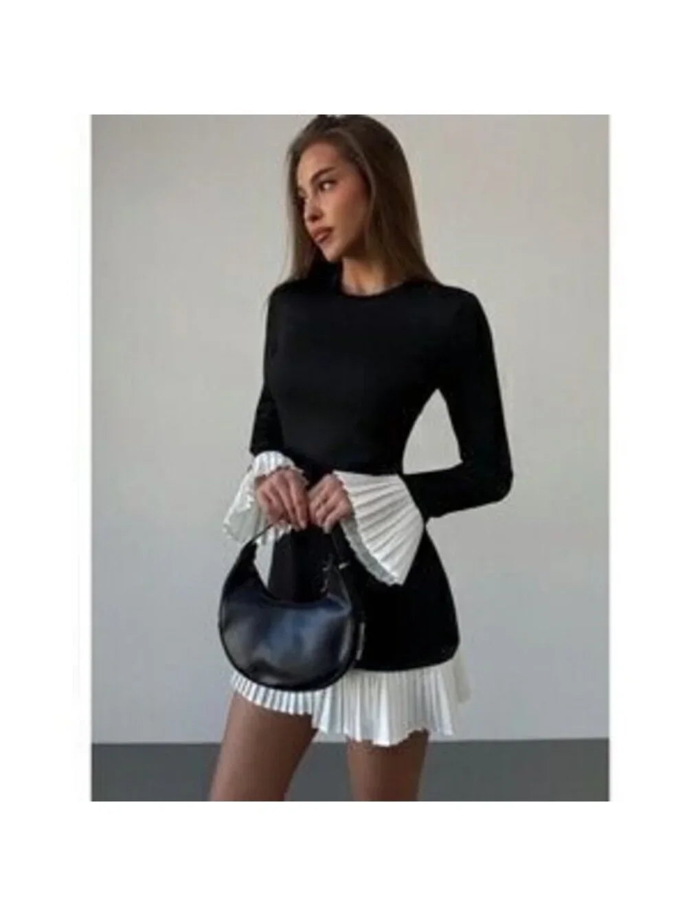 Short Black Dress White Skirt Cuff Pleated Trim Long Sleeve - Picture 2 of 3